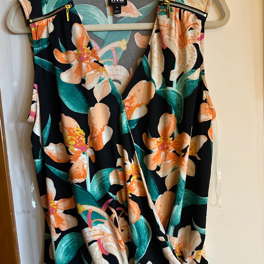 INC International Concepts Black Floral Wrap top with Peach & Teal